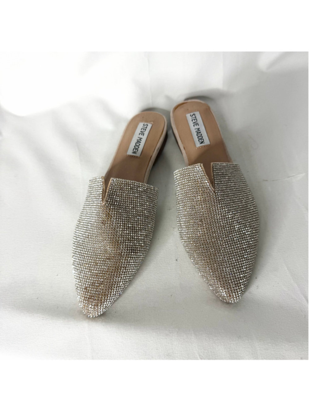 Women's Steve Madden Ally Rhinestone Mules In Silver And Beige View 3